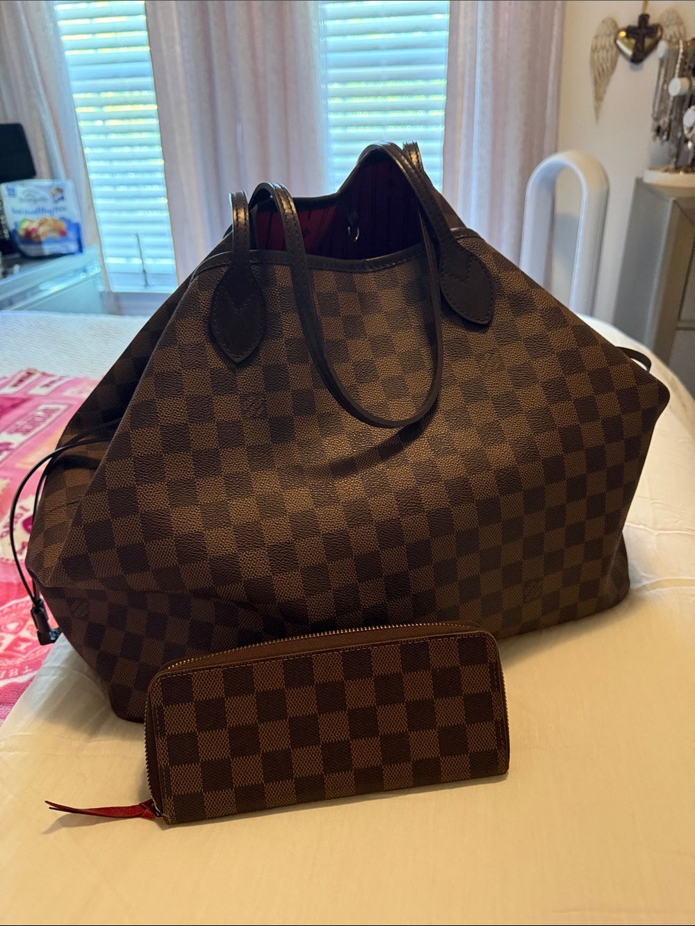 Designer-Style Brown Checkered Tote with Matching Wallet